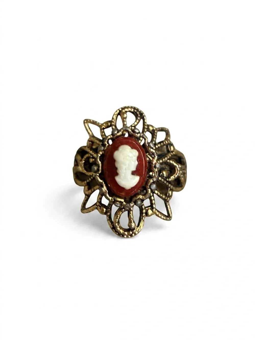Adjustable Vintage-Style Gold Cameo Ring with Red and White Cameo